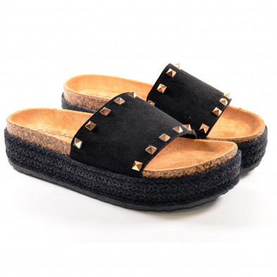 21053 Isteria  Zueco Chancla Zueco Material Antelina Con Pala Ancha Y Remaches. Planta Bio Con Piso Plataforma Forrado en Yute. 