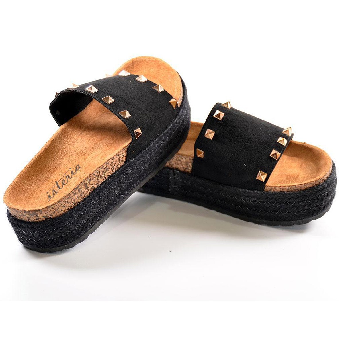 21053 Isteria  Zueco Chancla Zueco Material Antelina Con Pala Ancha Y Remaches. Planta Bio Con Piso Plataforma Forrado en Yute. 