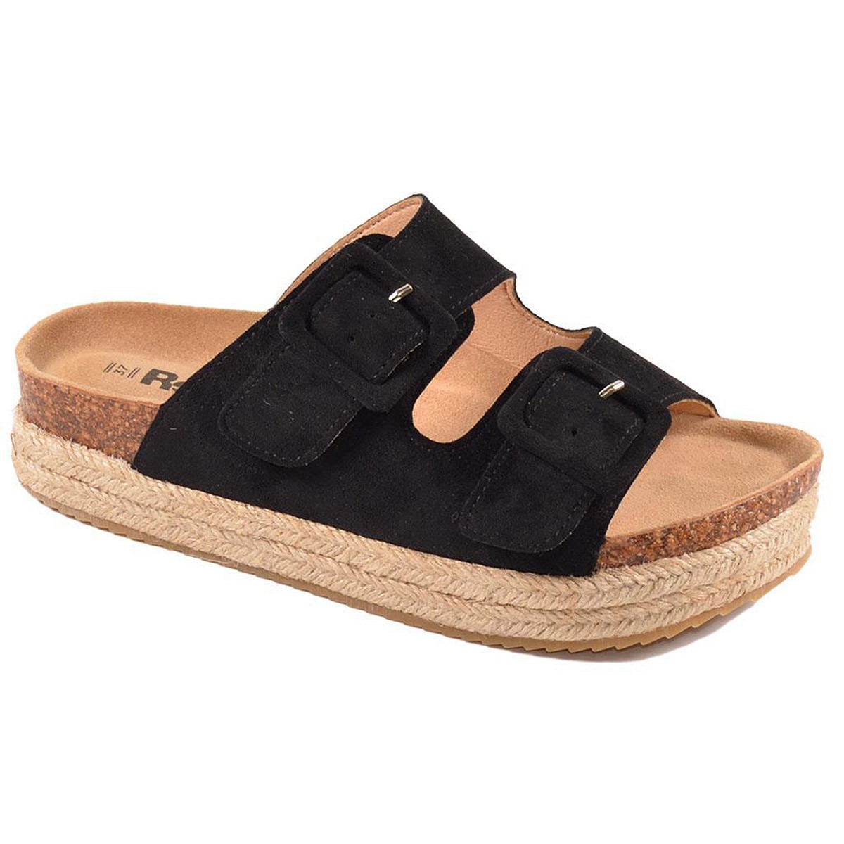 69646 Refresh Zueco Sandalia zueco antelina con doble hebilla forrada y ajustable. Planta de bio forrada en yute y suela de goma