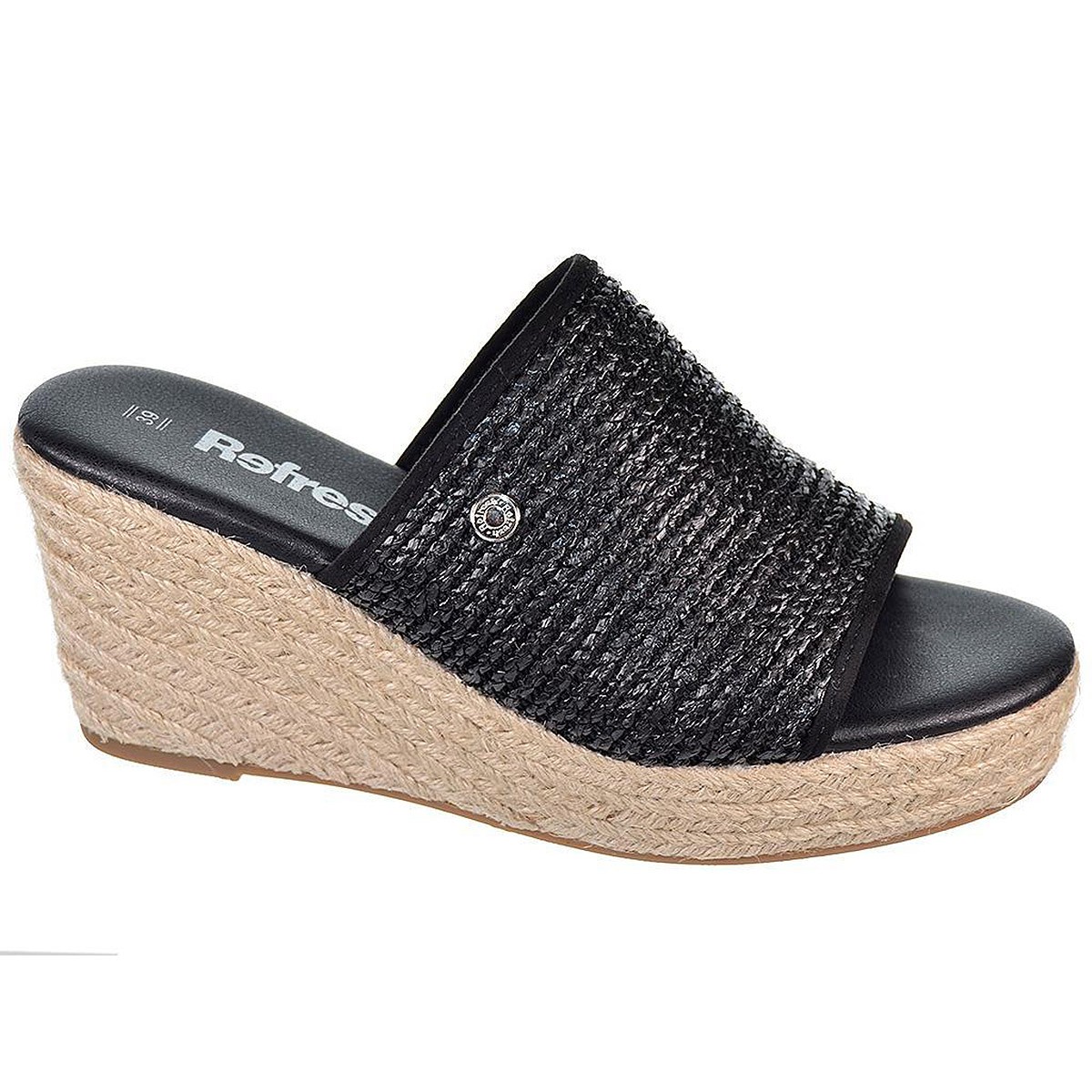 79785 Refresh Zueco Sandalia Zueco de rafia, forrado interior en textil y plantilla acolchada. Piso de plataforma con cuña de 8c 79785 Refresh Zueco Sandalia Zueco de rafia, forrado interior en textil y plantilla acolchada. Piso de plataforma con cuña de 8c