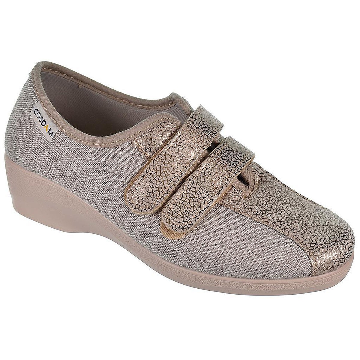 2513 Cosdam Zapatilla 2513 COSDAM. Zapatilla textil combinada con material grabado, cierre con doble velcro ajustable. Piso anti