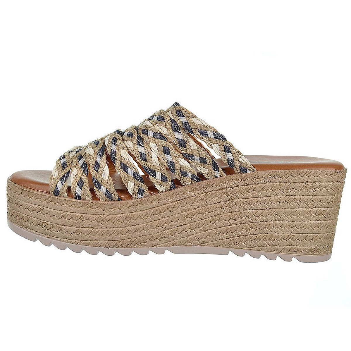 20040 Isteria Zueco Sandalia con tiras en rafia trenzada. Plantilla en sintético confort. Piso de poliuretano imitación yute con
