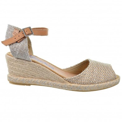 10602 Mediterranea  Alpargata Sandalia Alpargata textil con puntera abierta, cierre en pulsera de piel y hebilla. Plantilla acol