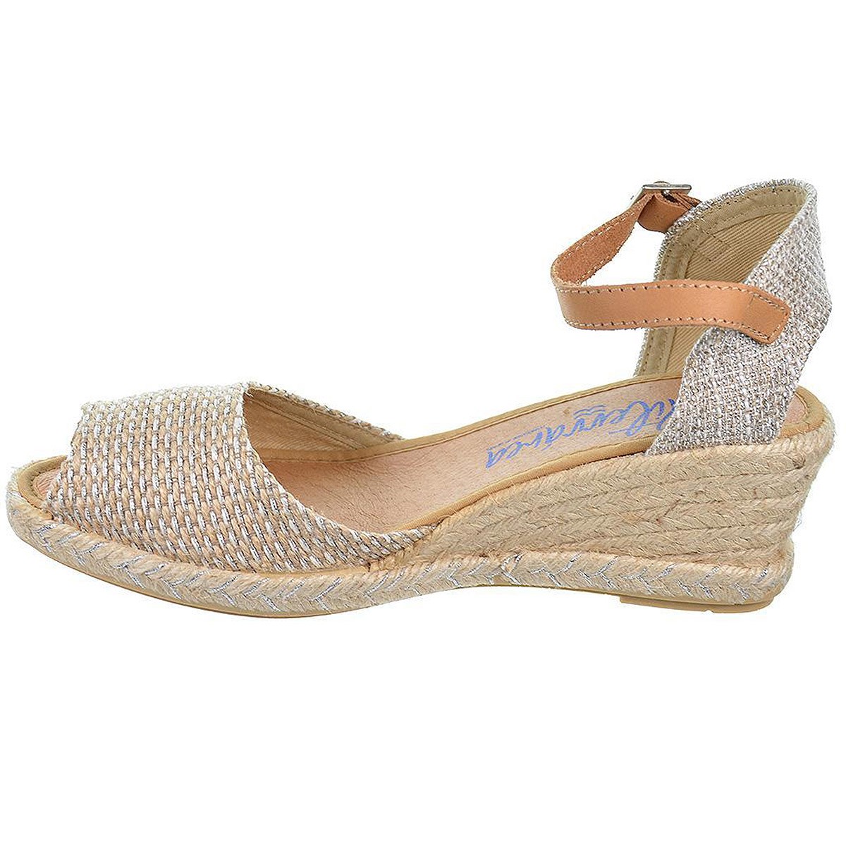 10602 Mediterranea  Alpargata Sandalia Alpargata textil con puntera abierta, cierre en pulsera de piel y hebilla. Plantilla acol