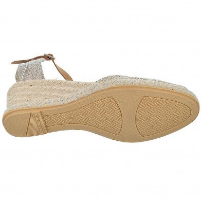 10602 Mediterranea  Alpargata Sandalia Alpargata textil con puntera abierta, cierre en pulsera de piel y hebilla. Plantilla acol