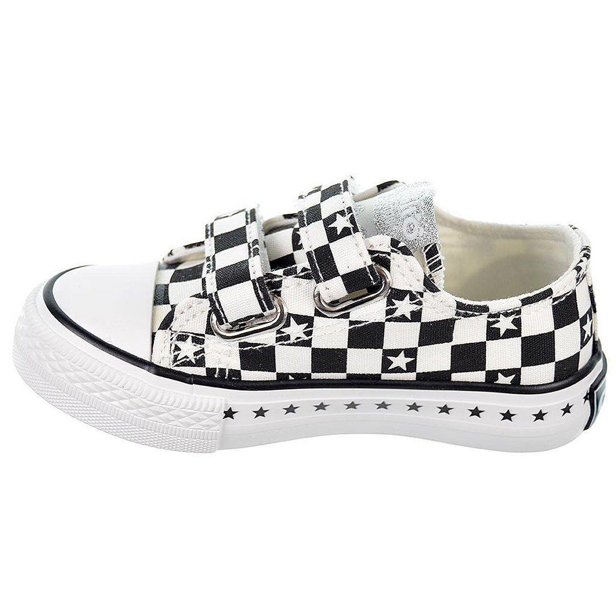 14170 Osito Zapatilla Lona. Estampado de cuadros y forro textil. Cierre con doble velcro. Piso y puntera de goma antideslizante