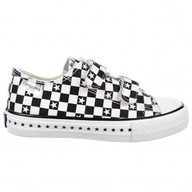 128323 Conguitos Zapatilla de lona. Estampado de cuadros y forro interior textil. velcro. Piso y puntera de goma antideslizante