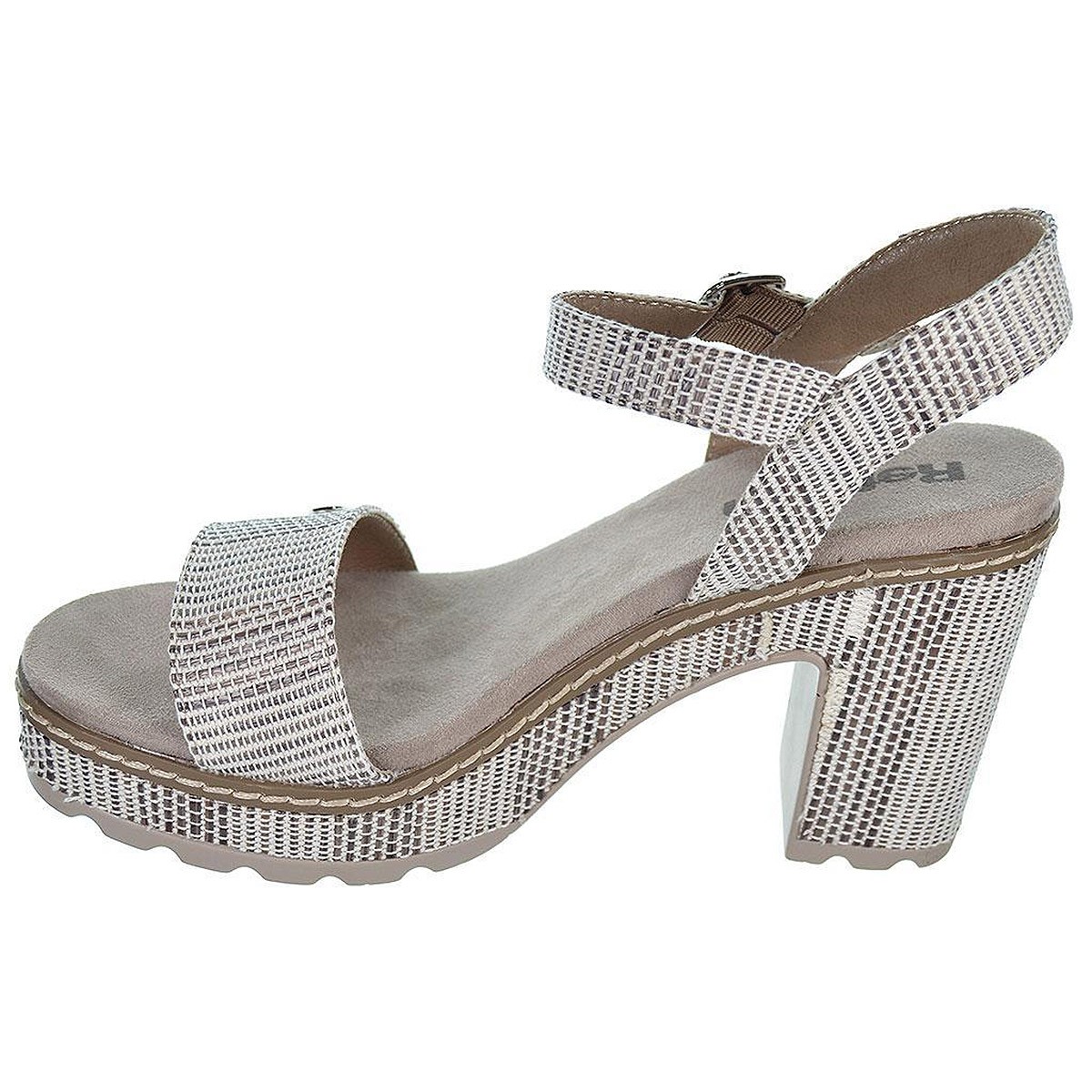 170651 Refresh Sandalia textil Confort. con hebilla. Piso plataforma forrado en textil y tacón ancho de 10cm. antideslizante.