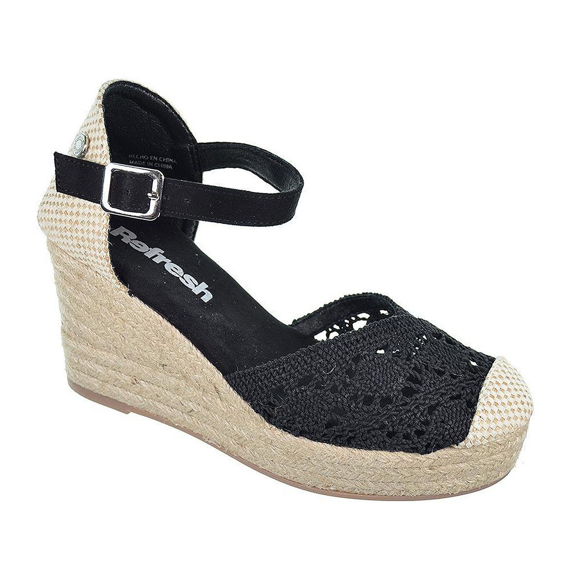 170869 Refresh Alpargata textil acolchada con pulsera y cierre en hebilla. Piso yute. Con cuña y suela antideslizante 170869 Refresh Alpargata textil acolchada con pulsera y cierre en hebilla. Piso yute. Con cuña y suela antideslizante