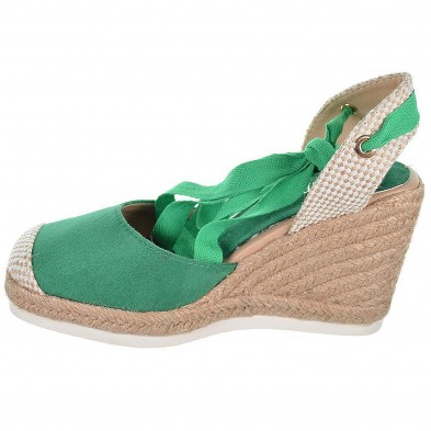 23091 D´Angela Alpargata Valenciana antelina puntera  textil  cintas para atar. Plantilla textil acolchada. Piso yute cuña 9cm.