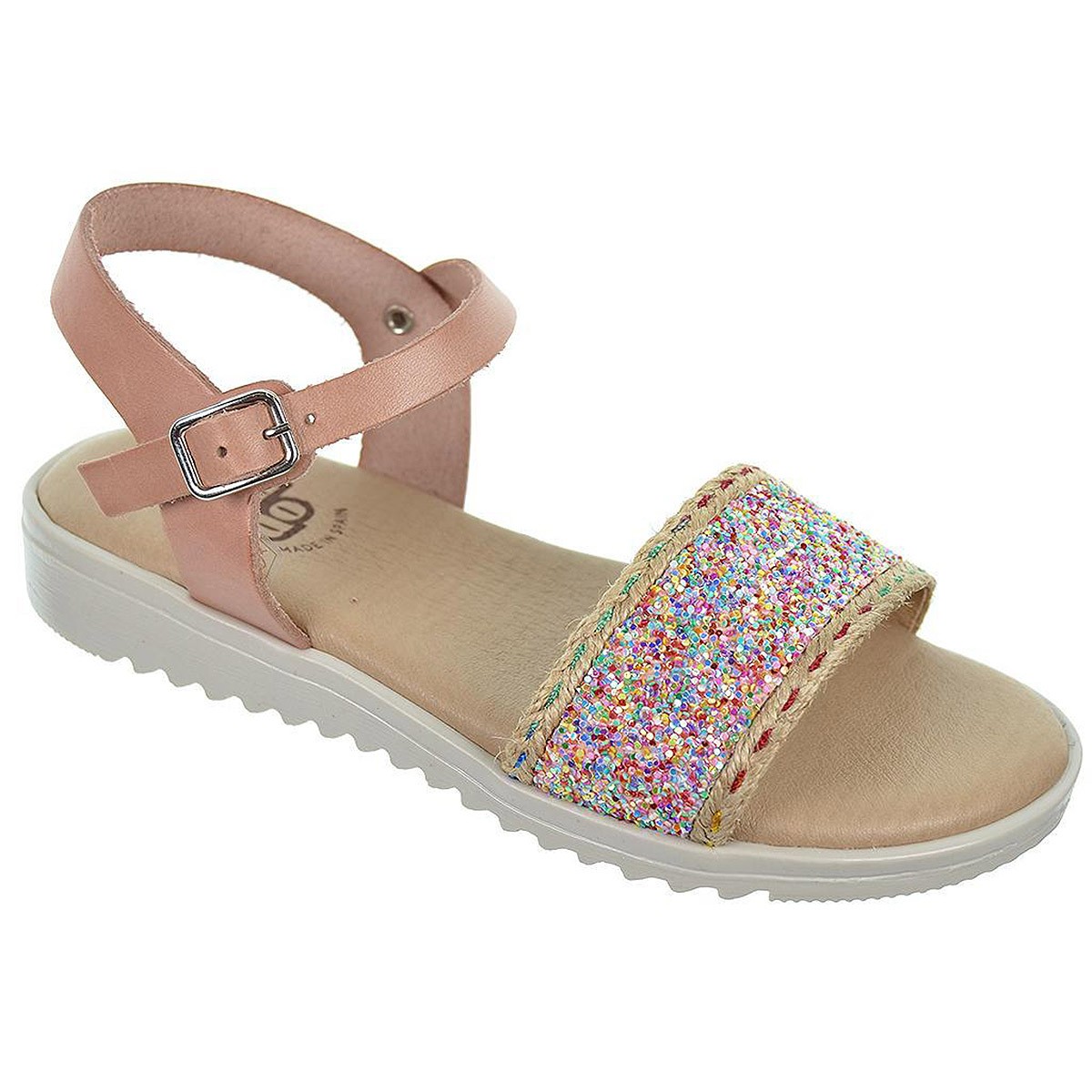 2358 Crecendo Sandalia de piel. Pala glitter de colores, cierre en pulsera con hebilla. Plantilla de piel. Suela antideslizante.