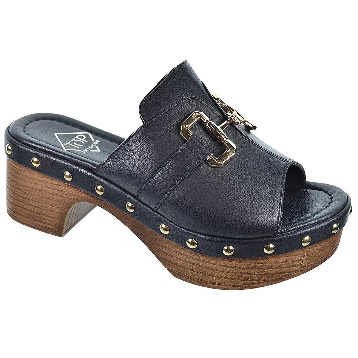 Top3 Zueco en piel con planta muy confortable y piso plataforma imitación madera con tachuelas.