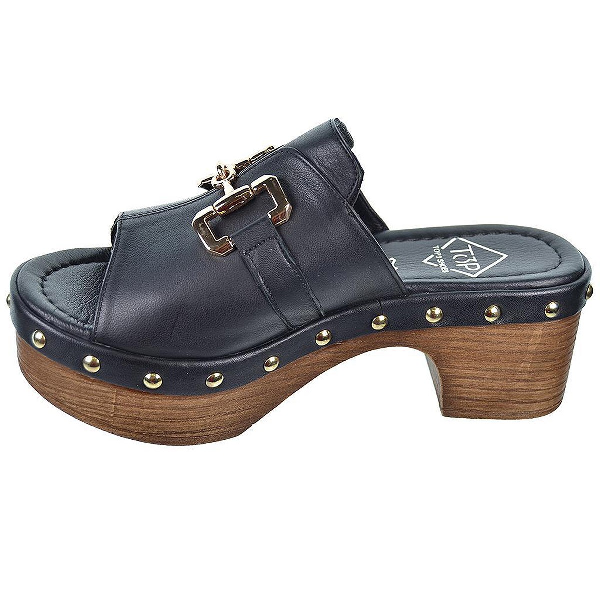 Top3 Zueco en piel con planta muy confortable y piso plataforma imitación madera con tachuelas.