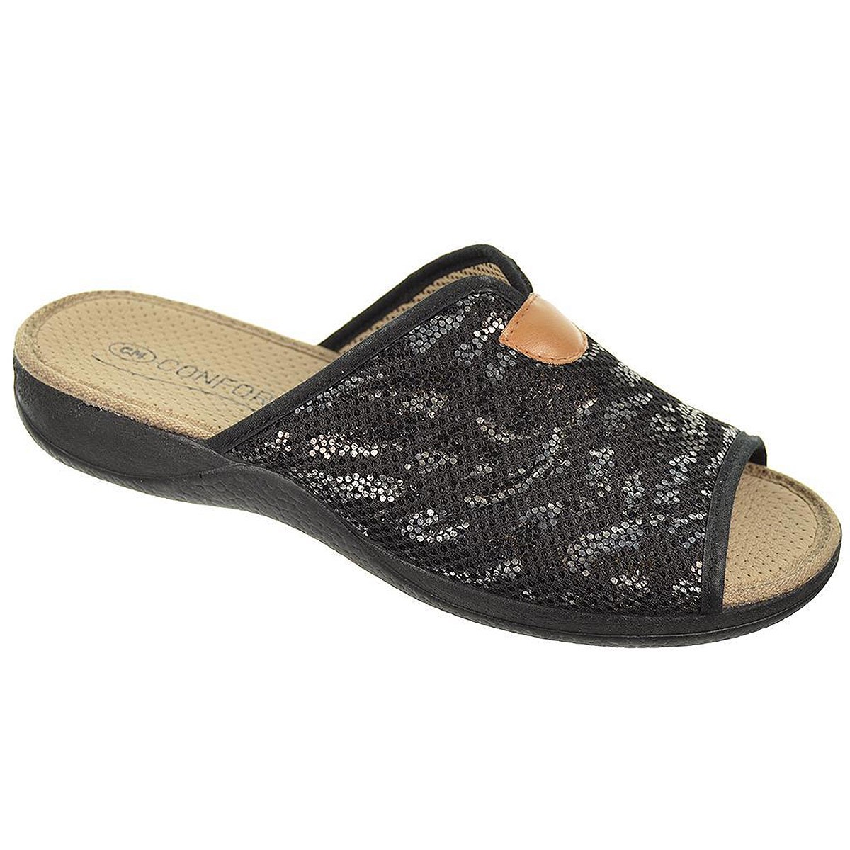 30204 Cmconfort Zapatilla textil destalonada con puntera abierta, plantilla textil acolchada. Piso de goma antideslizante.