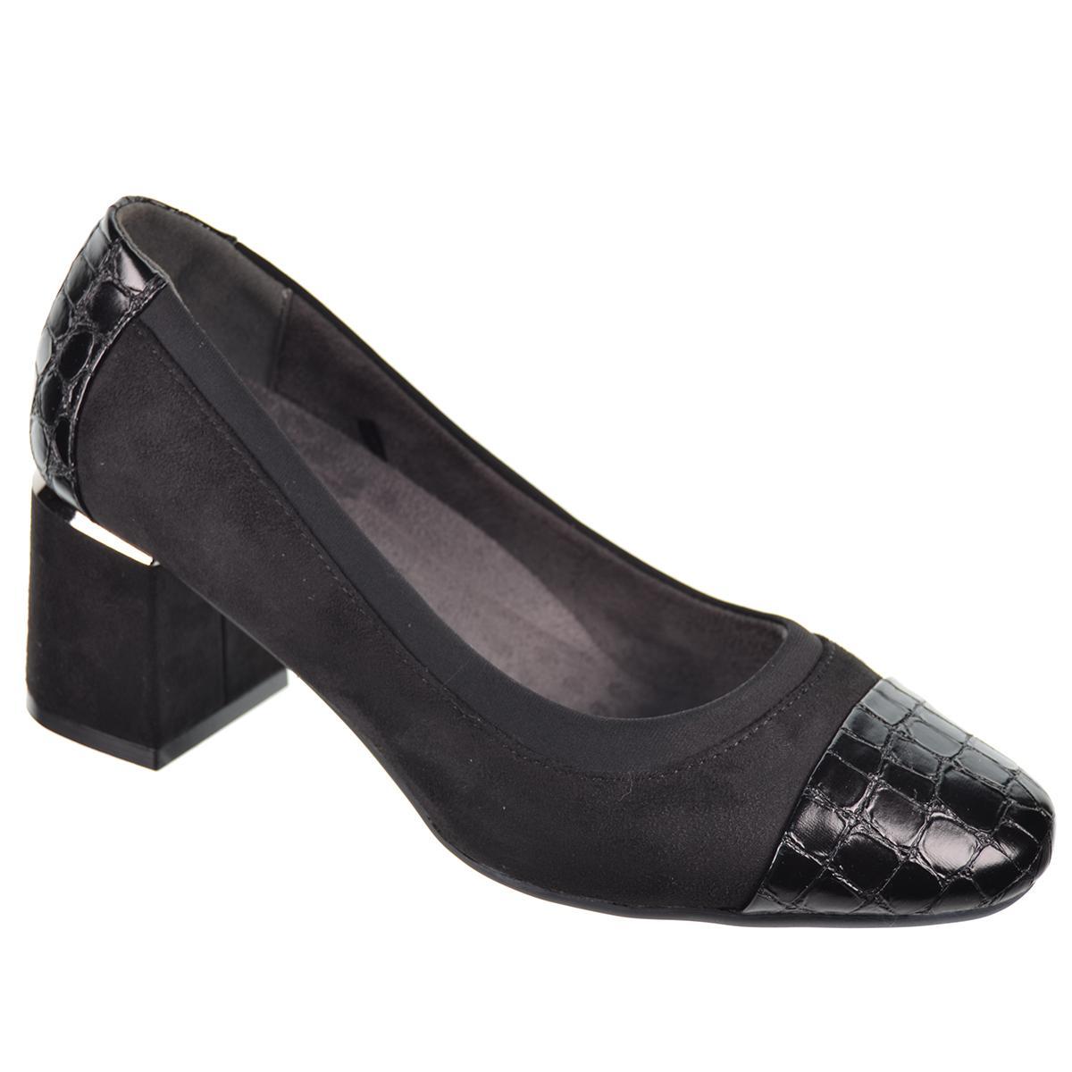 25520 Amarpies Zapato Confort estilo salón en charol y textil. Plantilla acolchada extraíble. Suela caucho con tacón ancho