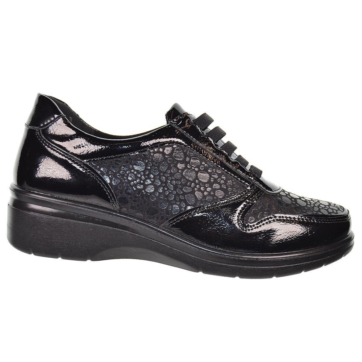 25363 Amarpies Zapato sintético charol y textil. elástico. plantilla acolchada confort extraíble.  cuña 4cm. ligera y flexible