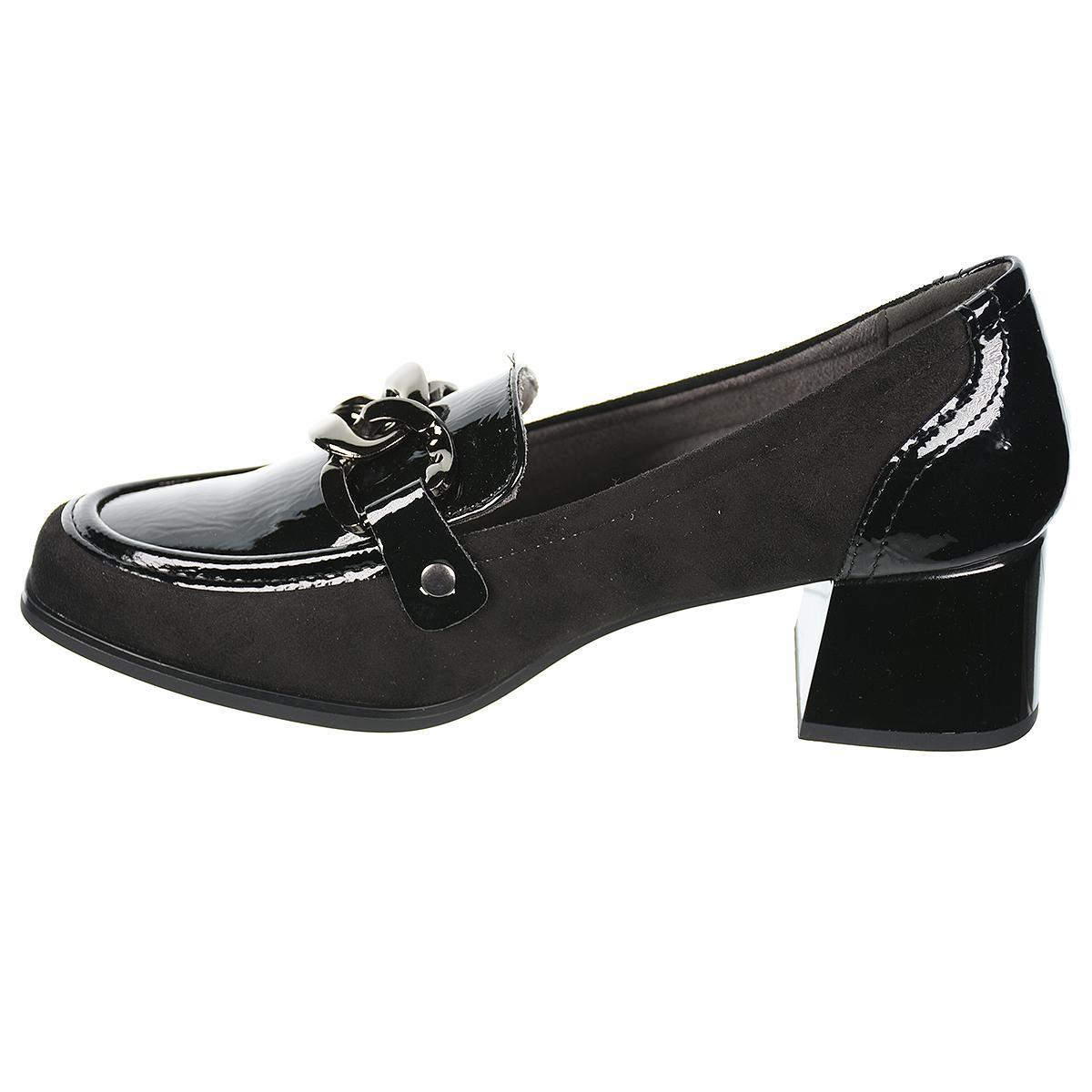 25383 Amarpies Zapato Confort mocasín. Charol. Sintético y textil . Plantilla extraíble. Cadena metal. Suela caucho con tacón